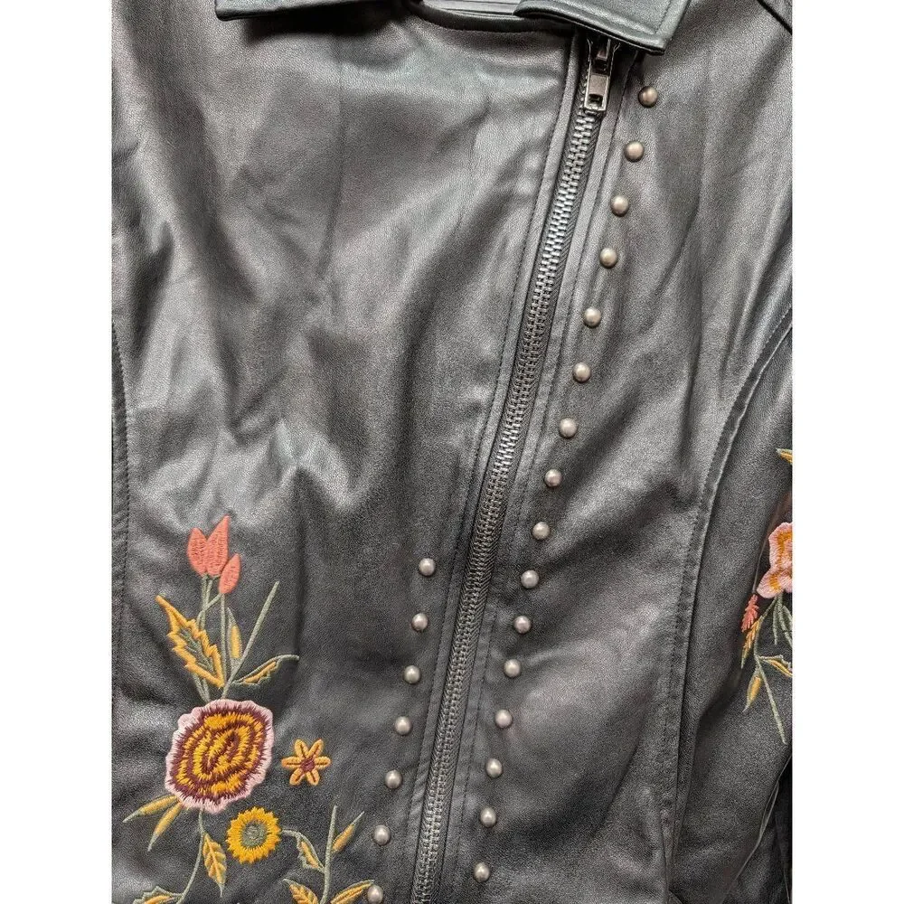 Embroidered Studded Moto Faux Leather Jacket Women's Large Sugarlips - Picture 8 of 16